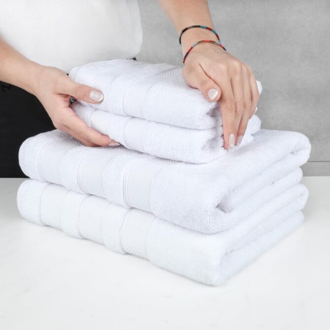 Bath Towel Set, 100% Cotton 6 Piece Towels for Bathroom, 2 Bath Towels 2 Hand Towels 2 Washcloths, White