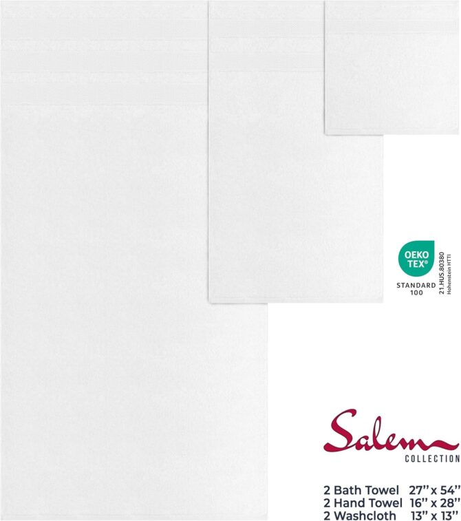 Bath Towel Set, 100% Cotton 6 Piece Towels for Bathroom, 2 Bath Towels 2 Hand Towels 2 Washcloths, White - Image 3