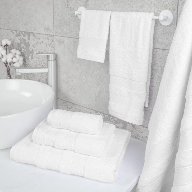 Bath Towel Set, 100% Cotton 6 Piece Towels for Bathroom, 2 Bath Towels 2 Hand Towels 2 Washcloths, White - Image 5